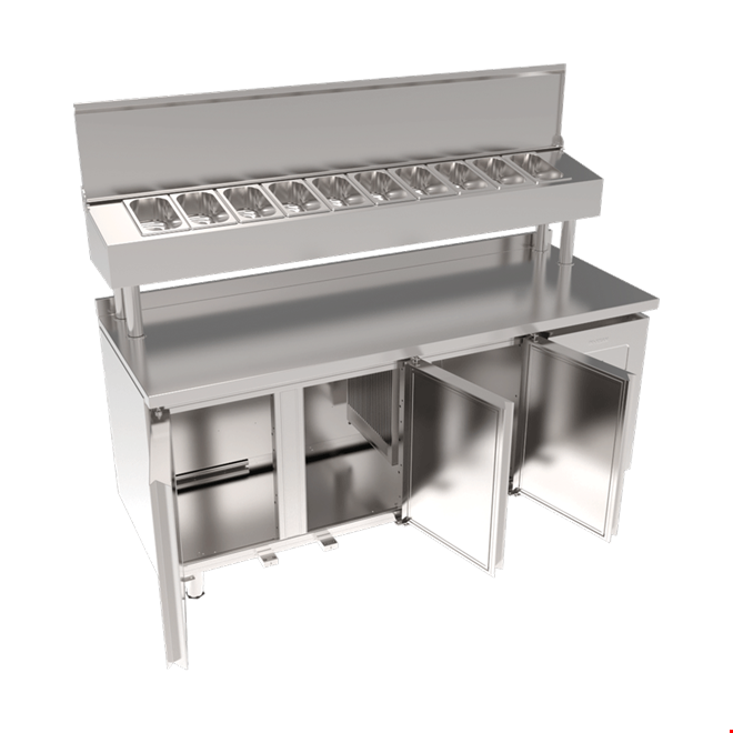 SGB190R - Stainless Steel Table 3 Door Pizza Preparation Unit / Pipe Leg