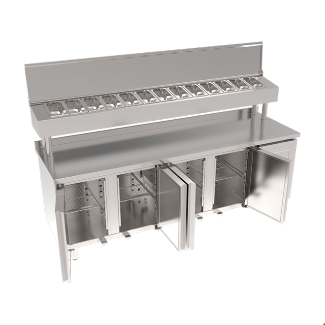 SGB240R - Stainless Steel Table 4 Door Pizza Preparation Unit / Pipe Leg